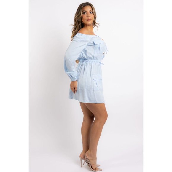 Women's Off Shoulder Cargo Mini Dress Tie Waist Buttons Long Sleeve Blue XS - 3X - Picture 7 of 11